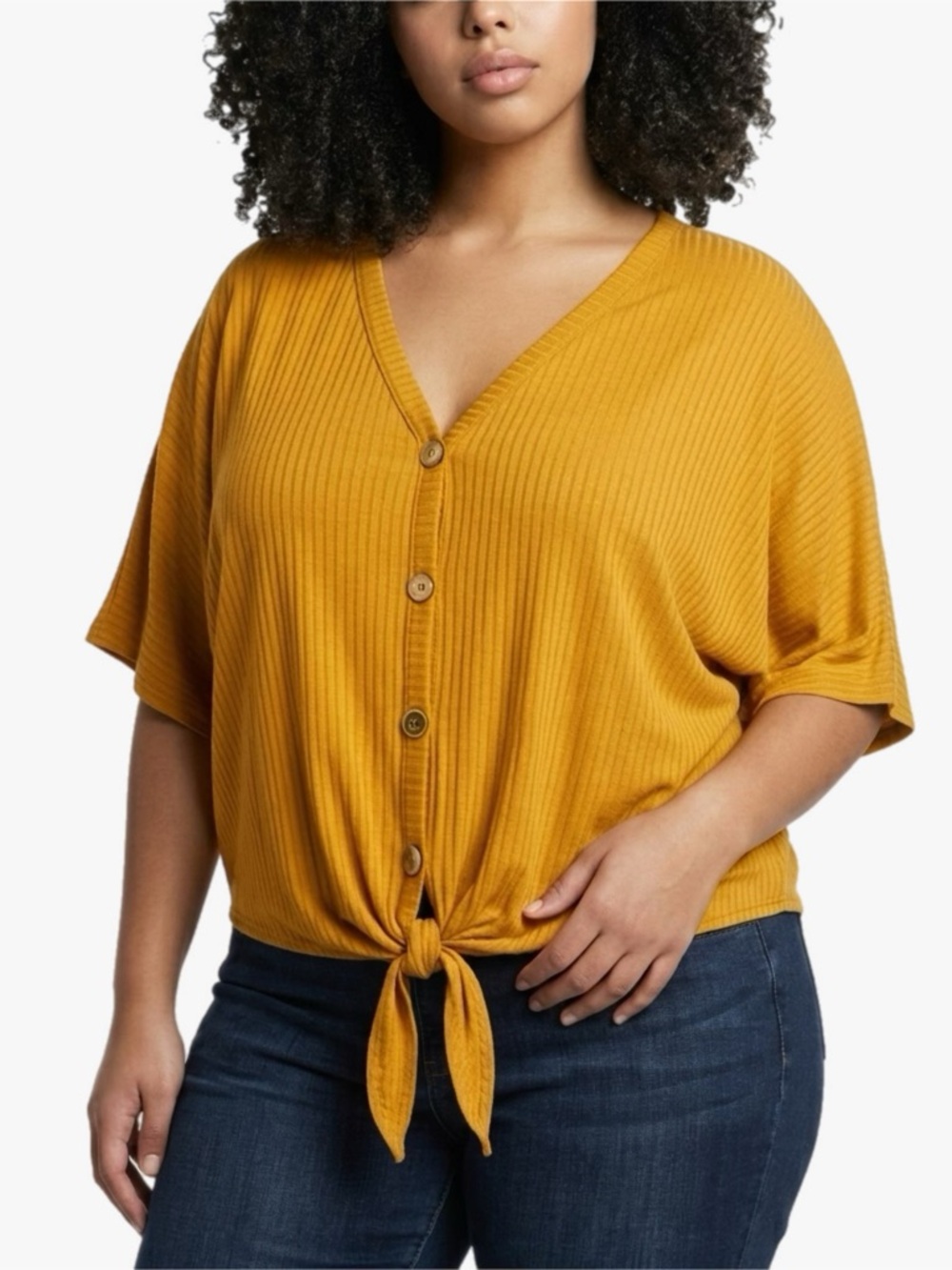 Free Kisses Plus Size 2X Women’s Mustard Yellow Tie-Front Button V-Neck Top - Picture 1 of 6